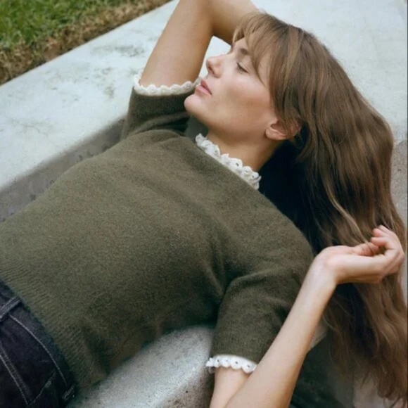 Zara Sweaters - NWT ZARA Olive Green Alpaca Wool Blend Ruffle Collar Short Sleeve Sweater